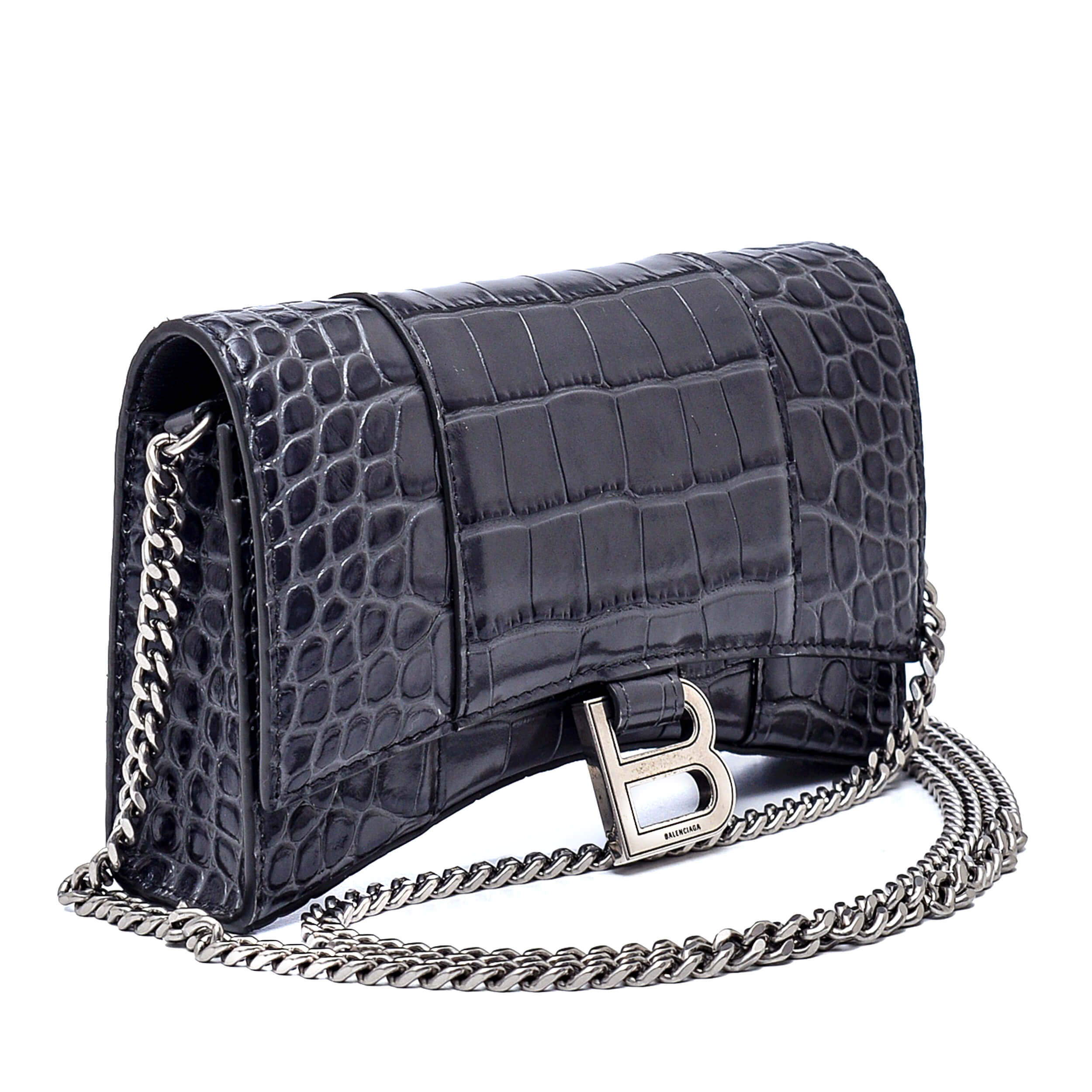 Balenciaga - Anthracite Croco Print Leather Hourglass Wallet on Chain Bag 